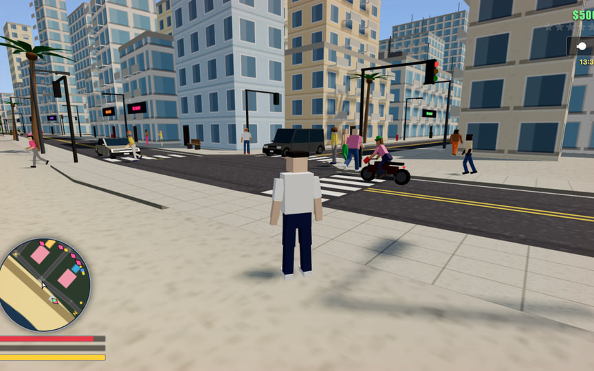 A busy intersection with pedestrians, traffic, and a motorcycle in the GTA game by Claude Fable 5.1
