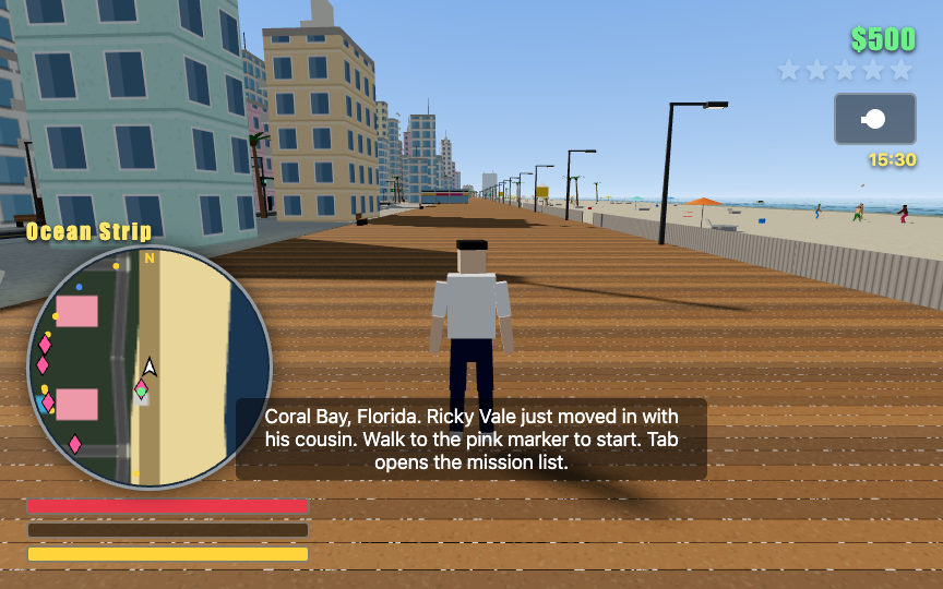 Gameplay screenshot of the GTA game generated by Claude Fable 5.1