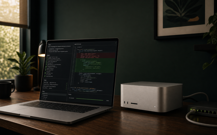 Notebook s agentným coding rozhraním pripojený k Macu M3 Ultra používanému ako lokálny LLM server